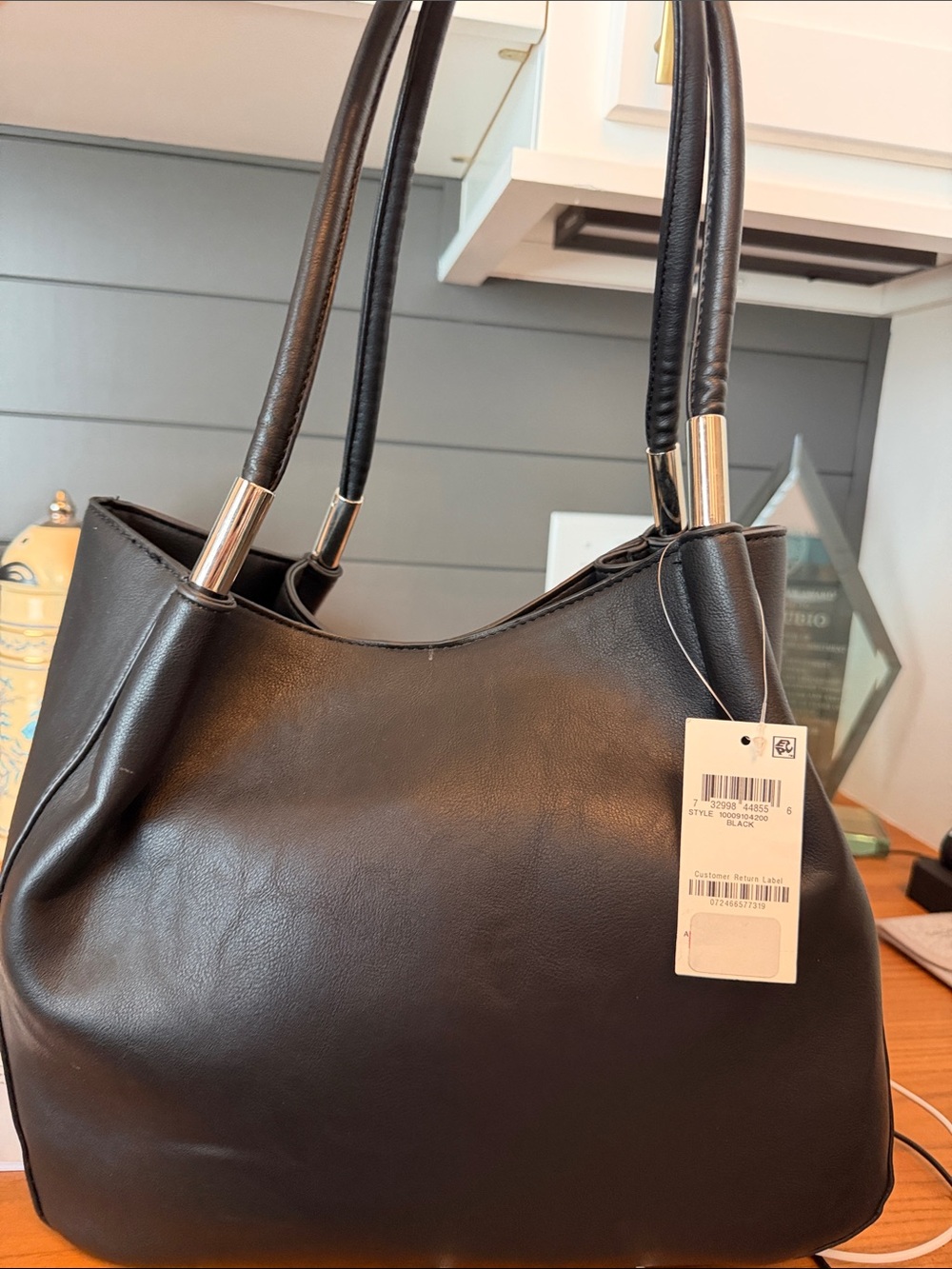 Alfani Black Leather Shoulder Tote with Metal-Trim Handles